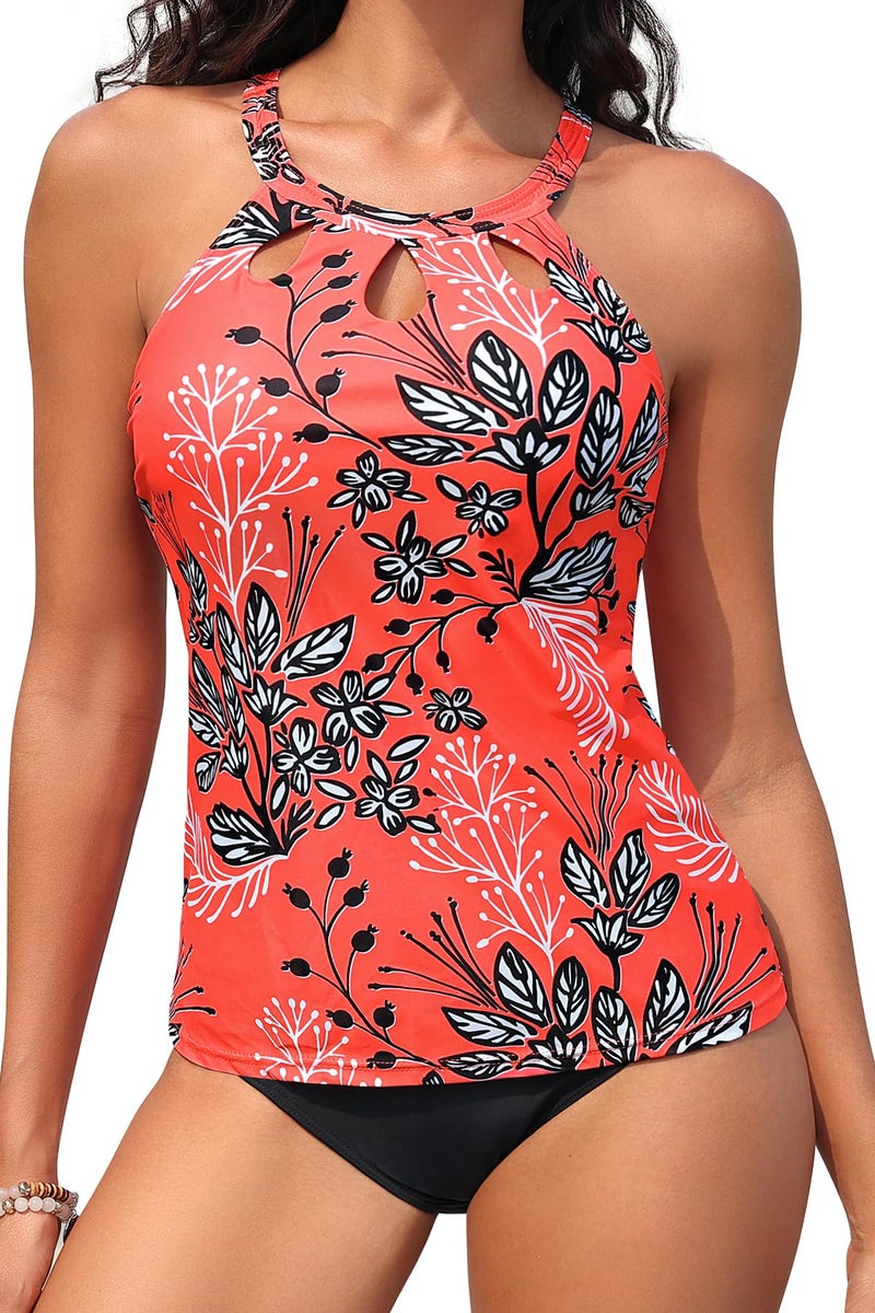 Yonique Two Piece High Neck Tankini Swimsuits for Women Tummy Control Bathing Suits Swimwear Red Floral Print L - Image 1